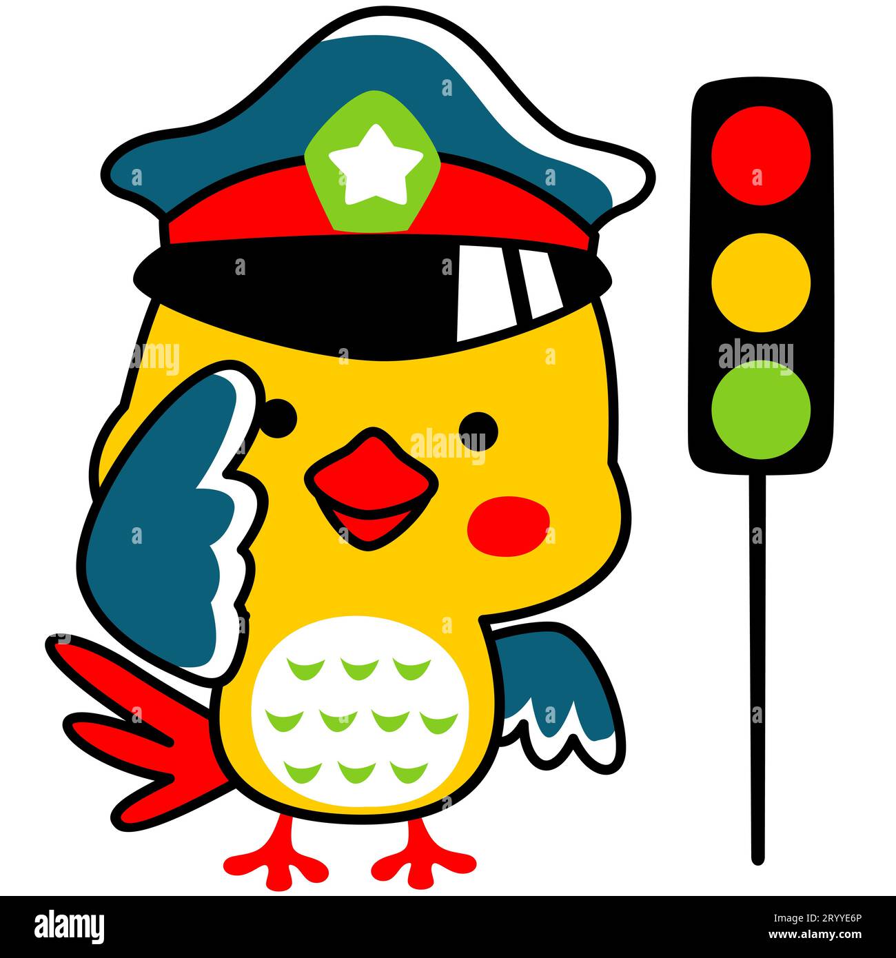 Cute birds wearing traffic cop cap with stoplight Stock Vector