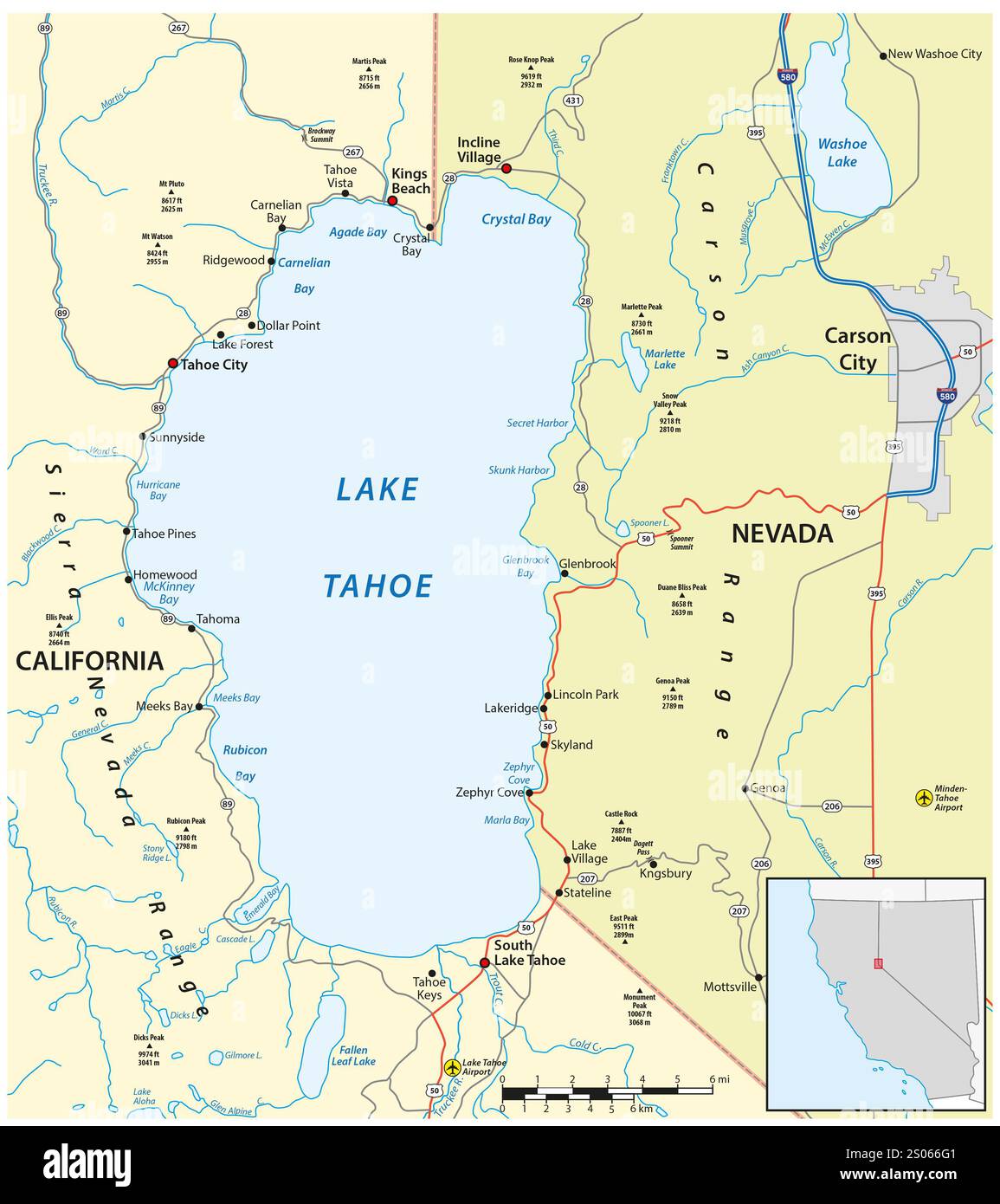 Map of Lake Tahoe, California, Nevada, USA Stock Photo