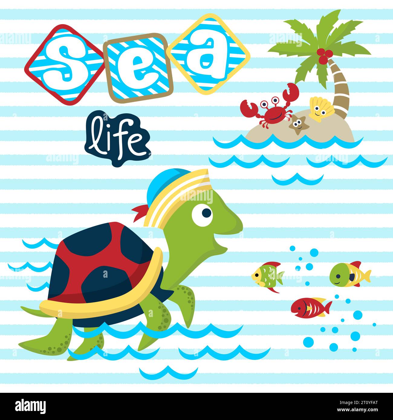 vector cartoon of funny turtle wearing sailor hat with marine animals Stock Vector