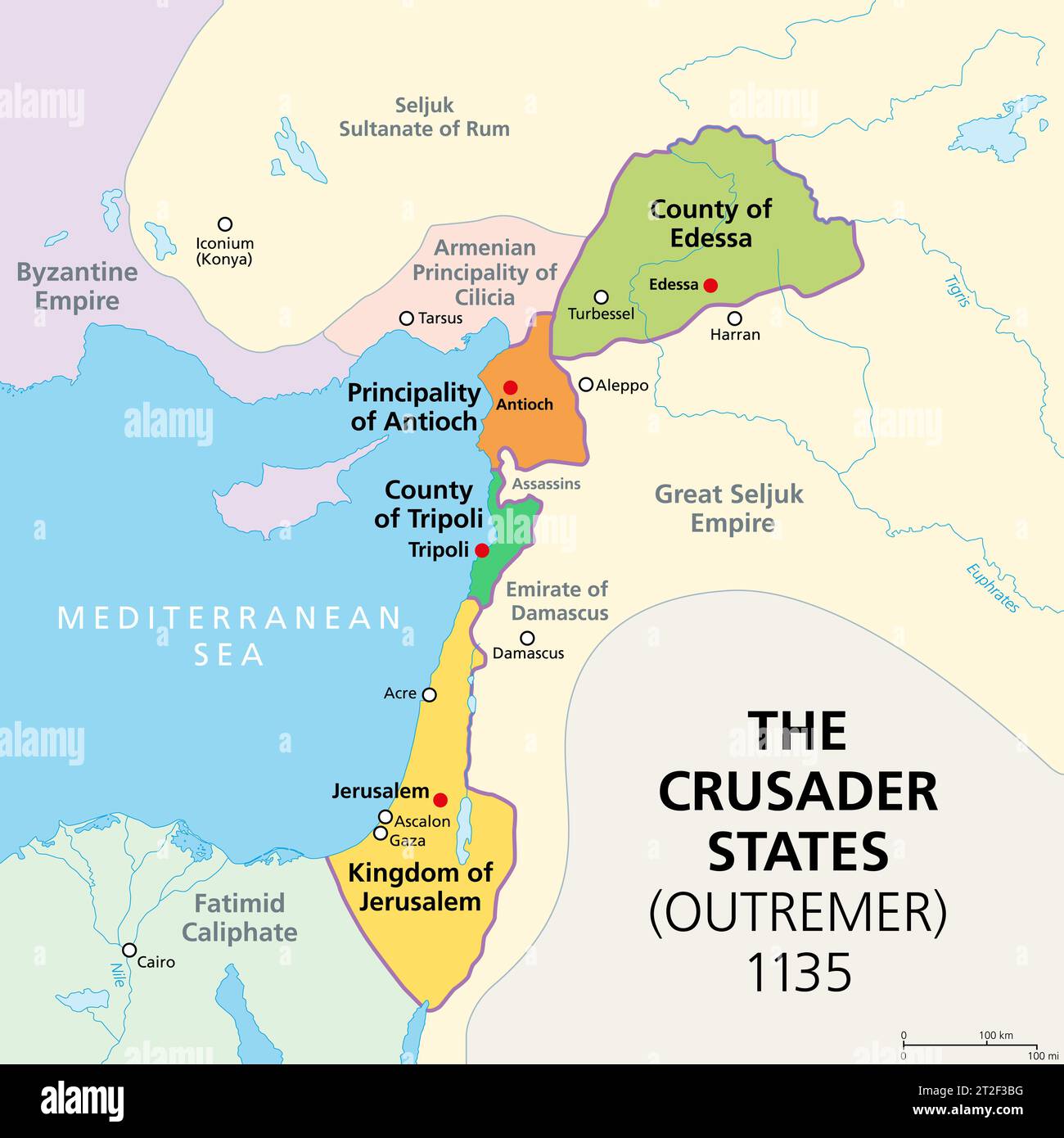 Crusader states at about 1135, map of Outremer, Four Latin Catholic ...