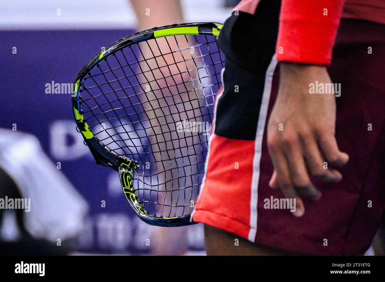 Antwerp, Belgium. 22nd Oct, 2023. Illustration picture shows French Arthur Fils' broken racket during the singles final match between Bublik and Fils, at the European Open Tennis ATP tournament, in Antwerp, Sunday 22 October 2023. BELGA PHOTO LAURIE DIEFFEMBACQ Credit: Belga News Agency/Alamy Live News Stock Photo