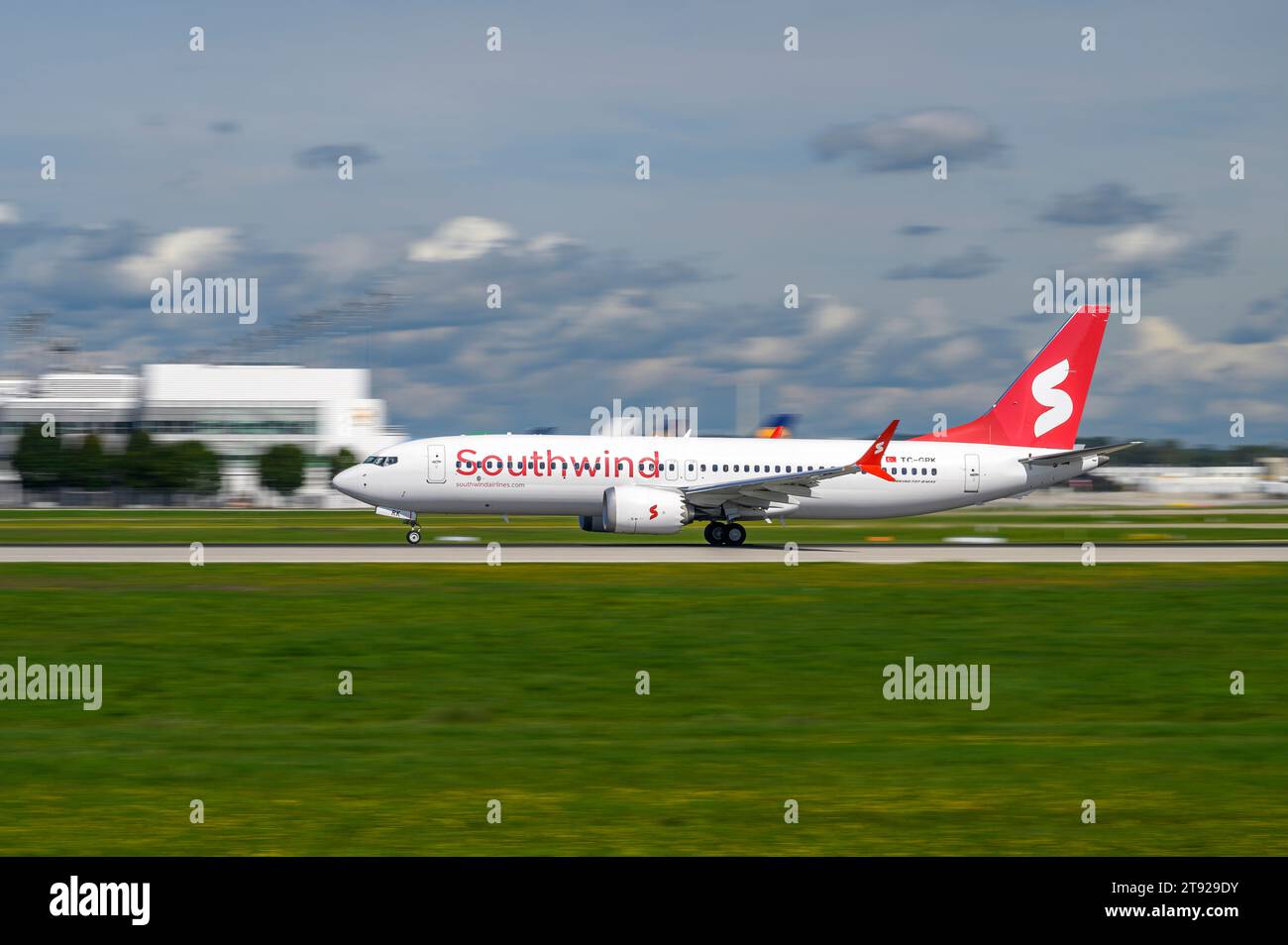 Munich, Germany - September 02. 2023 : Southwind Airlines Boeing 737-8 MAX with the aircraft registration TC-GRK is starting on the southern runway 26 Stock Photo