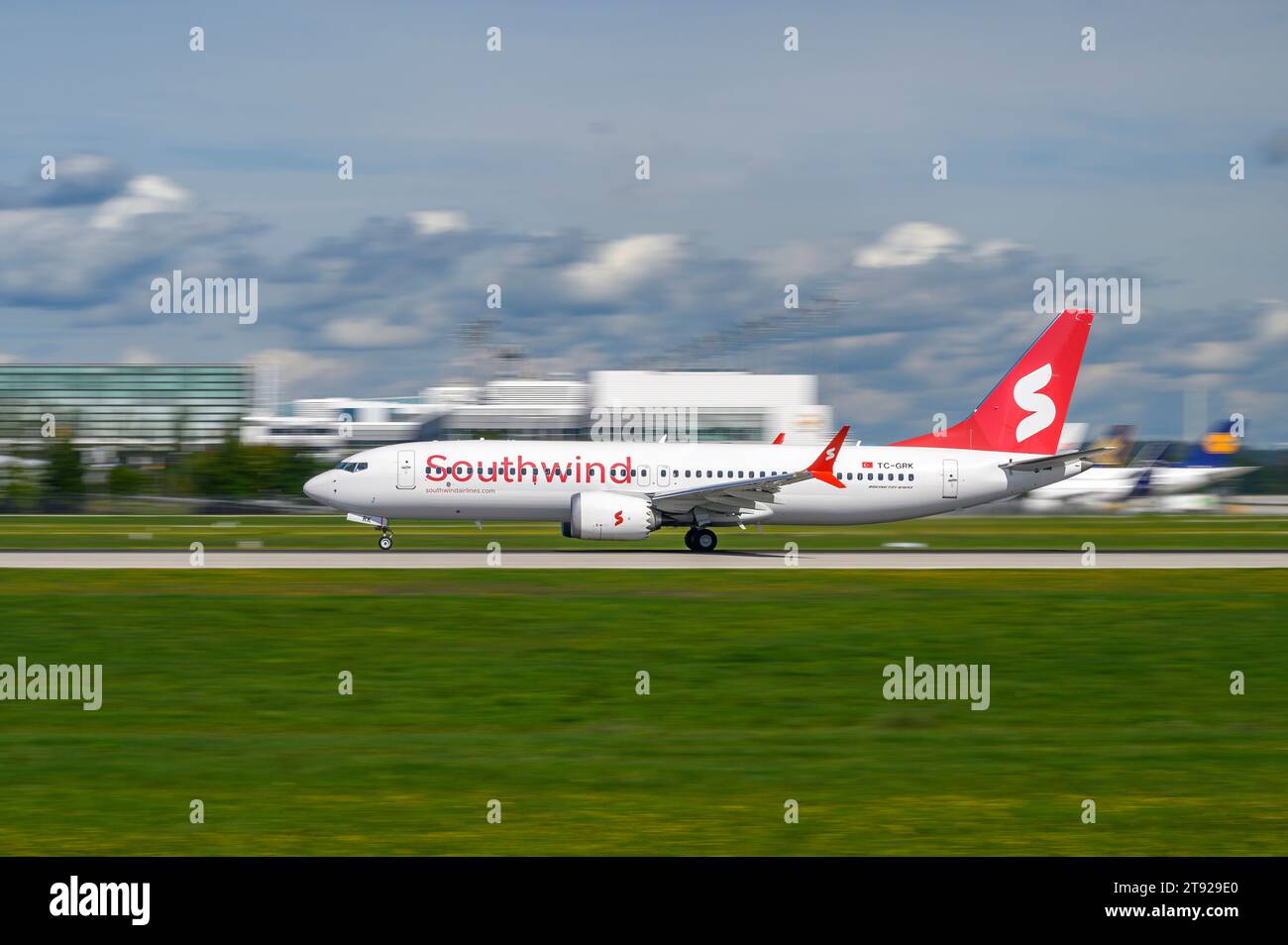 Munich, Germany - September 02. 2023 : Southwind Airlines Boeing 737-8 MAX with the aircraft registration TC-GRK is starting on the southern runway 26 Stock Photo