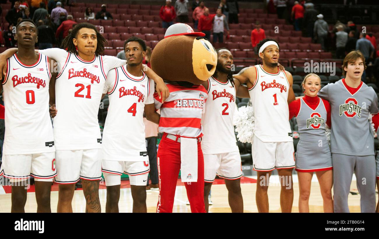 Columbus, Ohio, USA. 3rd Dec, 2023. Brutus the Buckeye celebrates Ohio State's victory against the Minnesota Golden Gophers in their game in Columbus, Ohio. Brent Clark/CSM (Credit Image: © Brent Clark/Cal Sport Media). Credit: csm/Alamy Live News Stock Photo