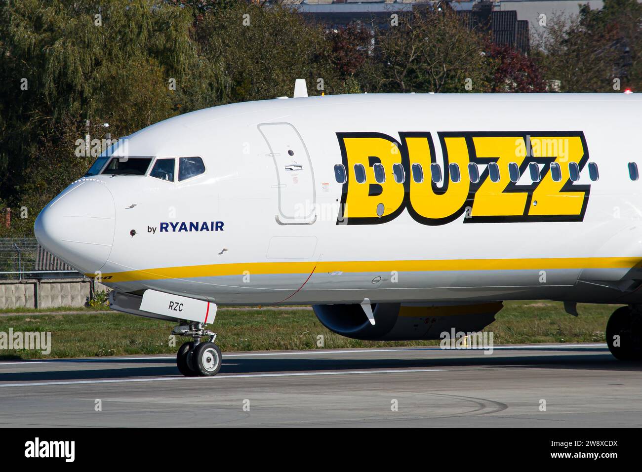 Buzz Airlines (operated by Ryanair) Boeing 737 MAX 8-200 cockpit close-up while taxiing after landing in Lviv Airport. High-quality photo Stock Photo