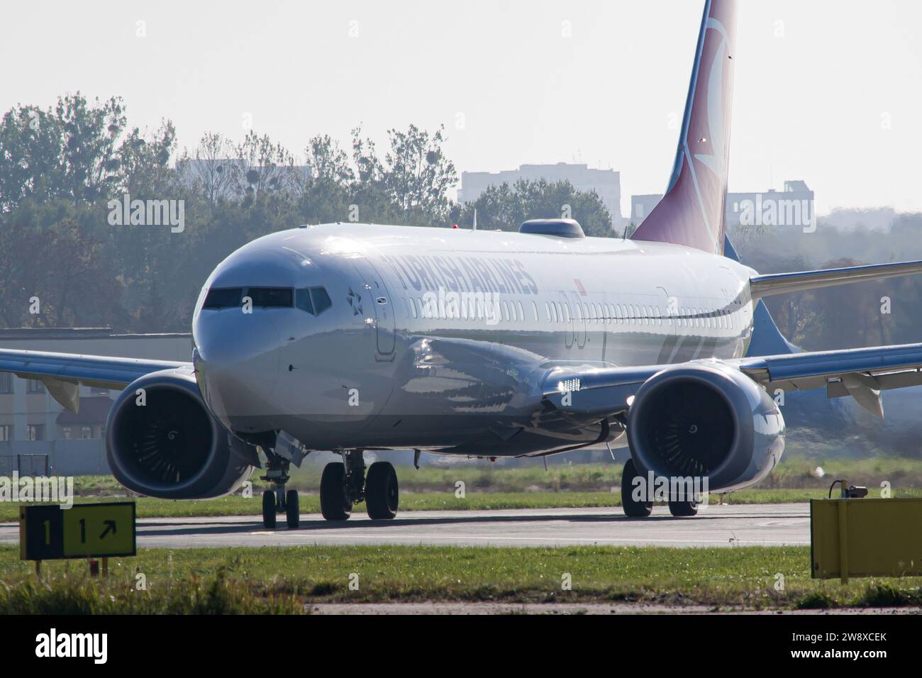 Turkish Airlines Boeing 737 MAX 9 close-up while taxiing to the runway for takeoff from Lviv for a flight to Istanbul, Turkey Stock Photo