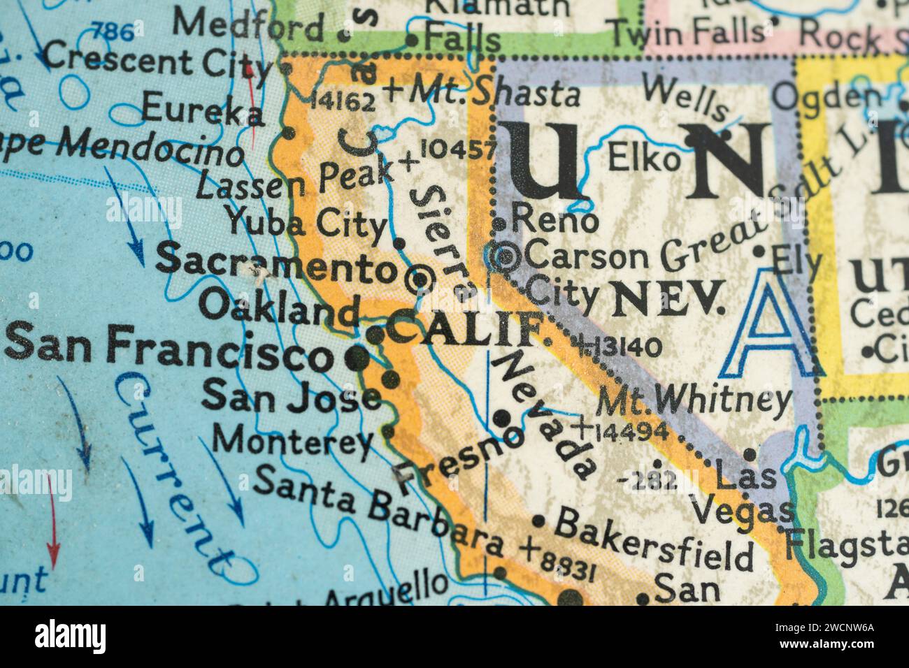 Map of California and Nevada from 1976 Globe Stock Photo