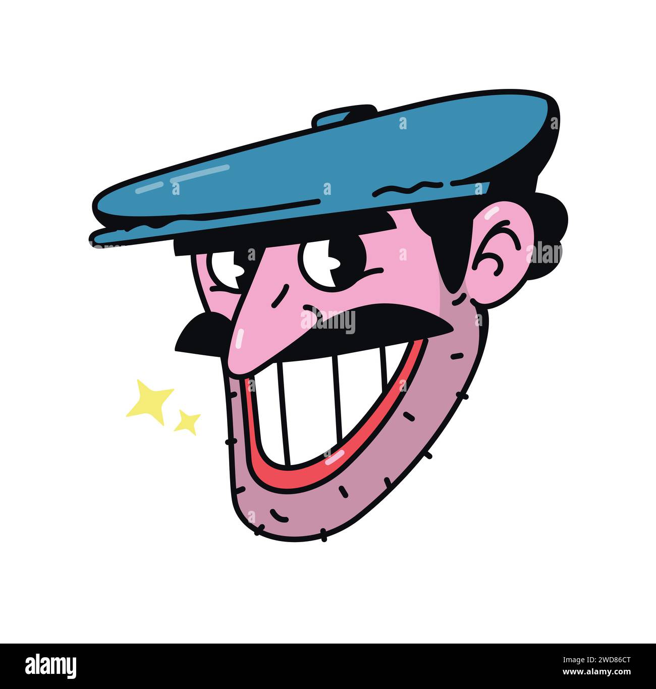 Illustration of a mustachioed Caucasian man. Vector. Meme character wearing a cap. Hero mascot for comics or company. Picture for T-shirt design. Stock Vector