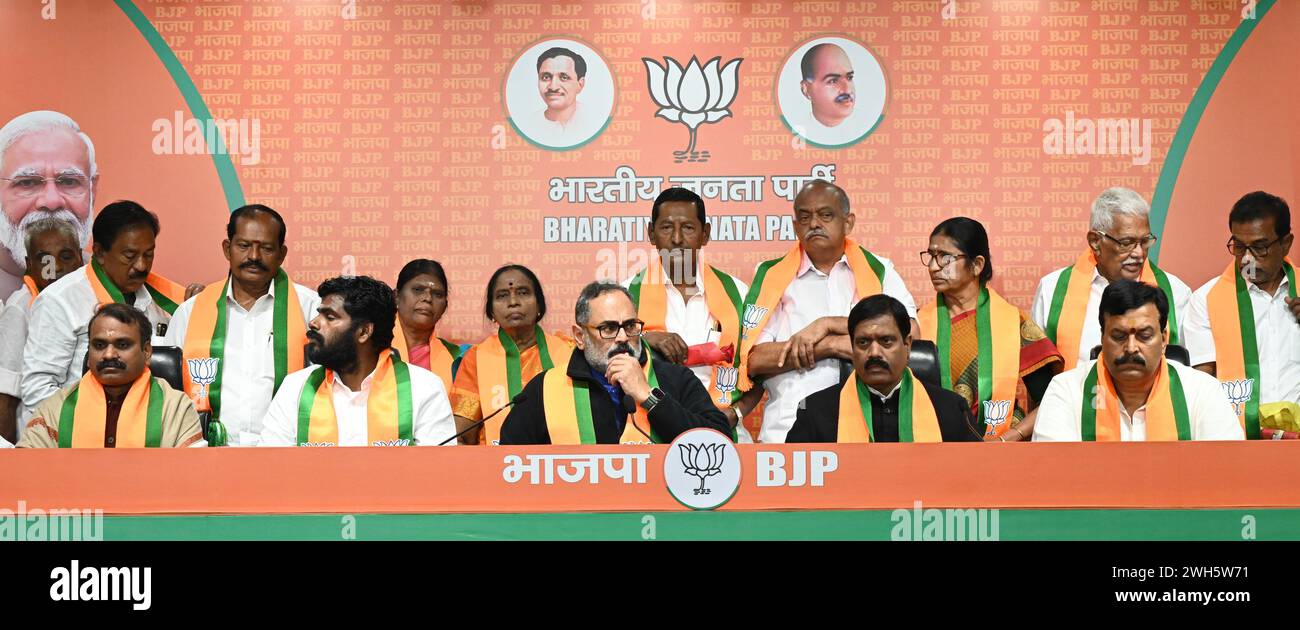 India. 07th Feb, 2024. NEW DELHI, INDIA - FEBRUARY 7: Ex. MLAs of ADMK and DMK join BJP in presence of Union Minister and BJP senior leader Rajeev Chandrasekhar, Tamil Nadu BJP President K. Annamalai at party headquarters on February 7, 2024 in New Delhi, India. (Photo by Sonu Mehta/Hindustan Times/Sipa USA) Credit: Sipa USA/Alamy Live News Stock Photo