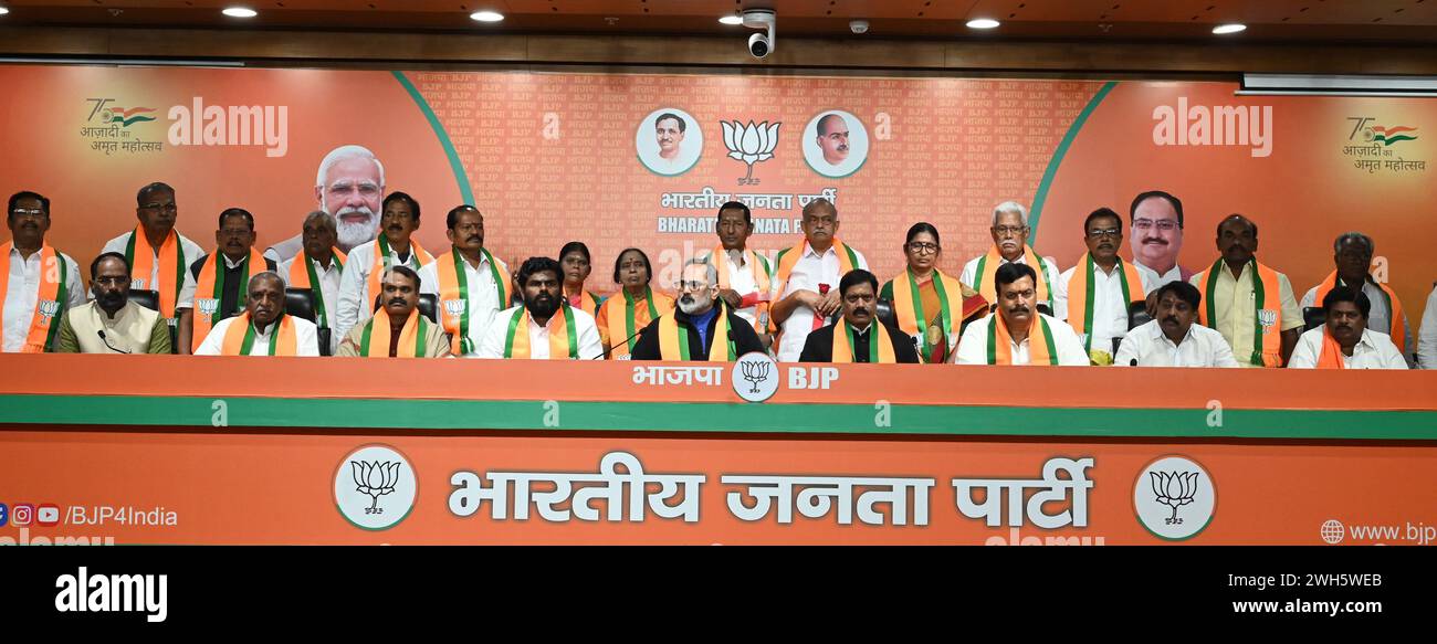 India. 07th Feb, 2024. NEW DELHI, INDIA - FEBRUARY 7: Ex. MLAs of ADMK and DMK join BJP in presence of Union Minister and BJP senior leader Rajeev Chandrasekhar, Tamil Nadu BJP President K. Annamalai at party headquarters on February 7, 2024 in New Delhi, India. (Photo by Sonu Mehta/Hindustan Times/Sipa USA) Credit: Sipa USA/Alamy Live News Stock Photo