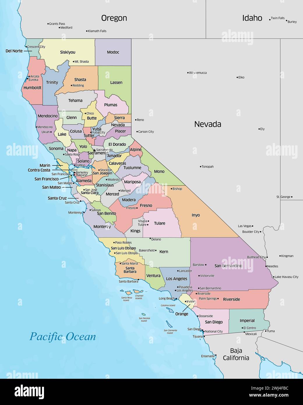 Colorful political map of the counties that make up the state of California located in the United States. Stock Photo