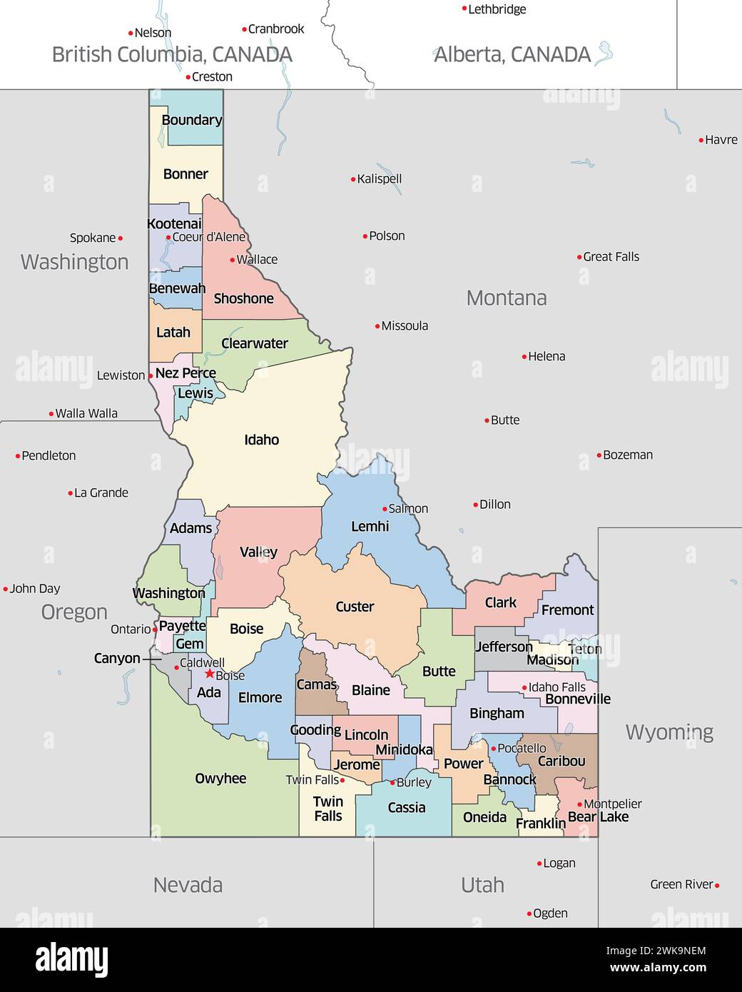 Political map showing the counties that make up the state of Idaho, located in the United States. Stock Photo