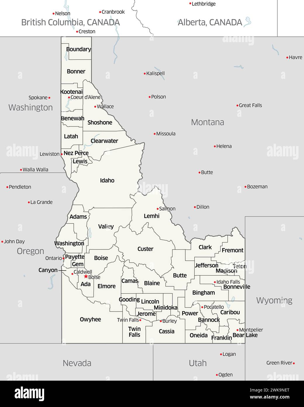 Political map showing the counties that make up the state of Idaho, located in the United States. Stock Photo