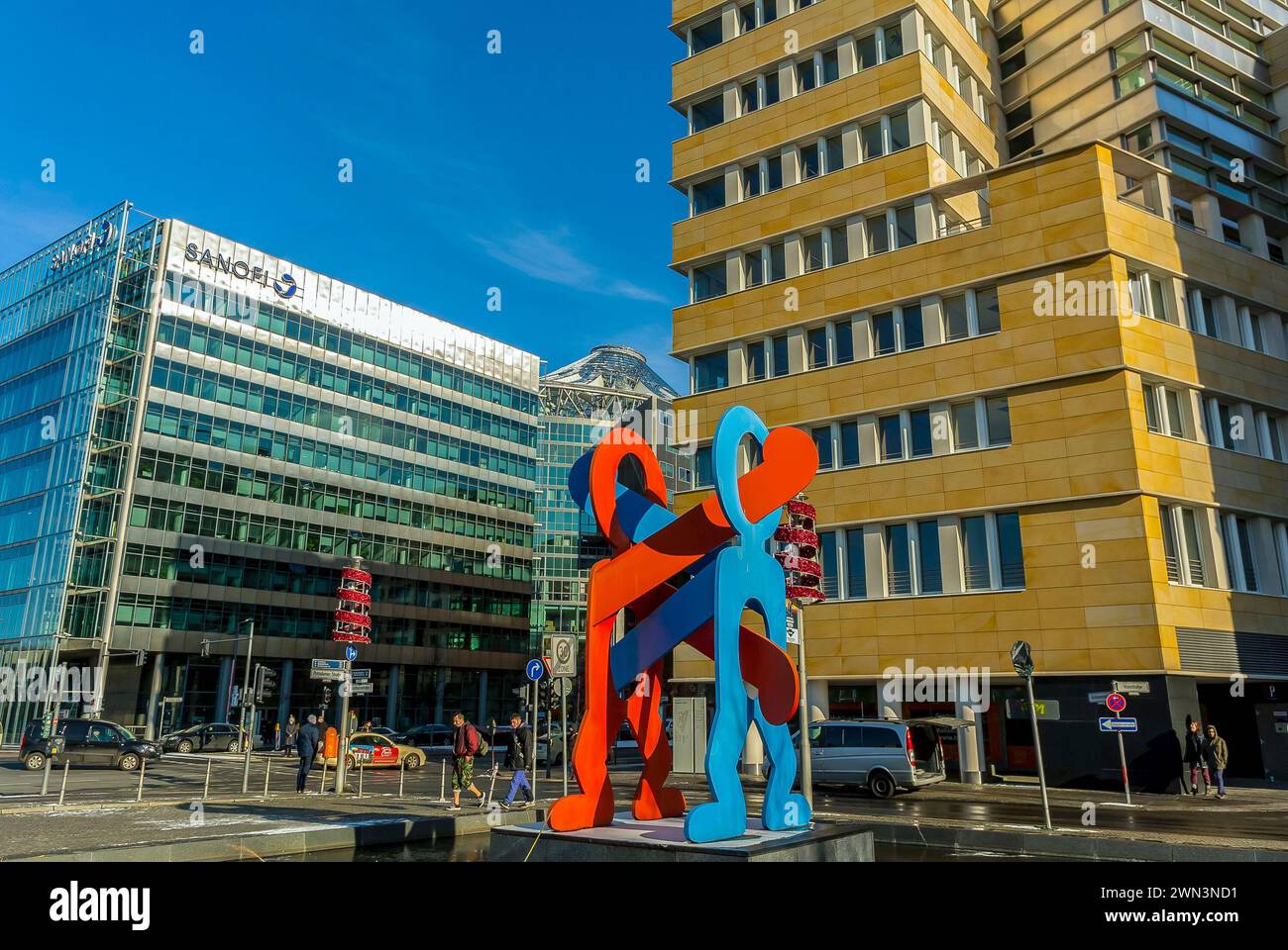 Berlin, Germany, Modern Architecture, Sanofi Pharmaceutical Company, Street Scenes, Potsdamer Platz, Mitte District , Keith Haring Modern Public Art Stock Photo