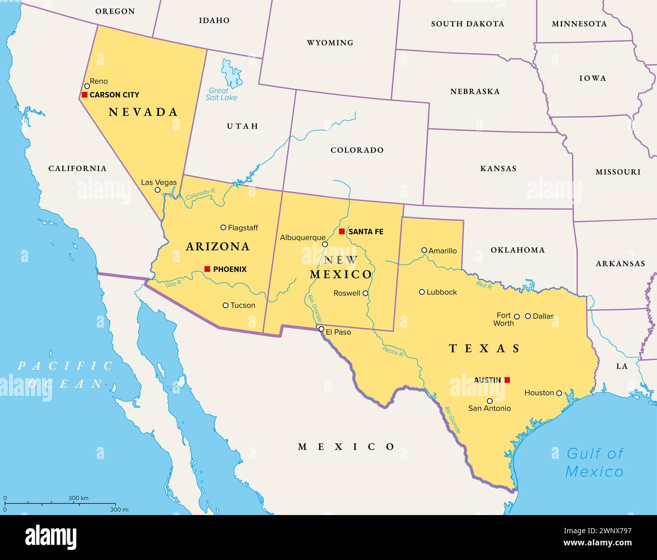 Southwest region of the United States, political map. States of the American Southwest or simply Southwest. Geographical and cultural region. Stock Photo