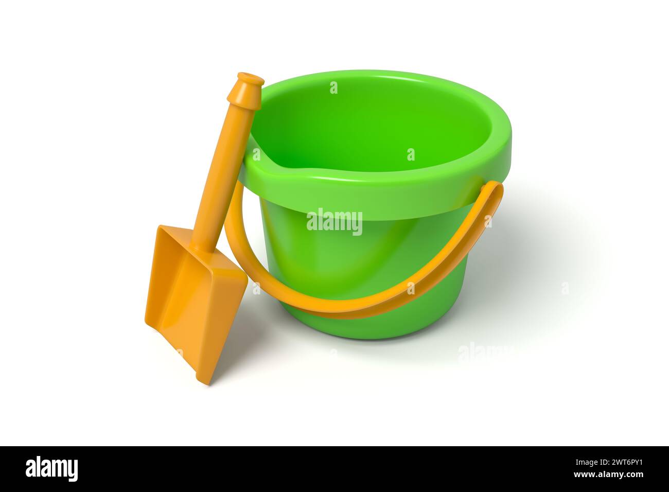 3D rendered green bucket with orange spade Stock Photo