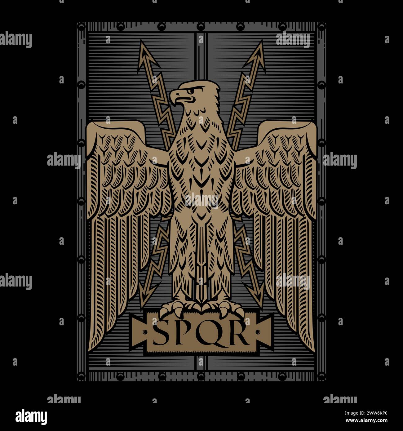 Antique style design. Roman Eagle on the background of a battle shield Stock Vector