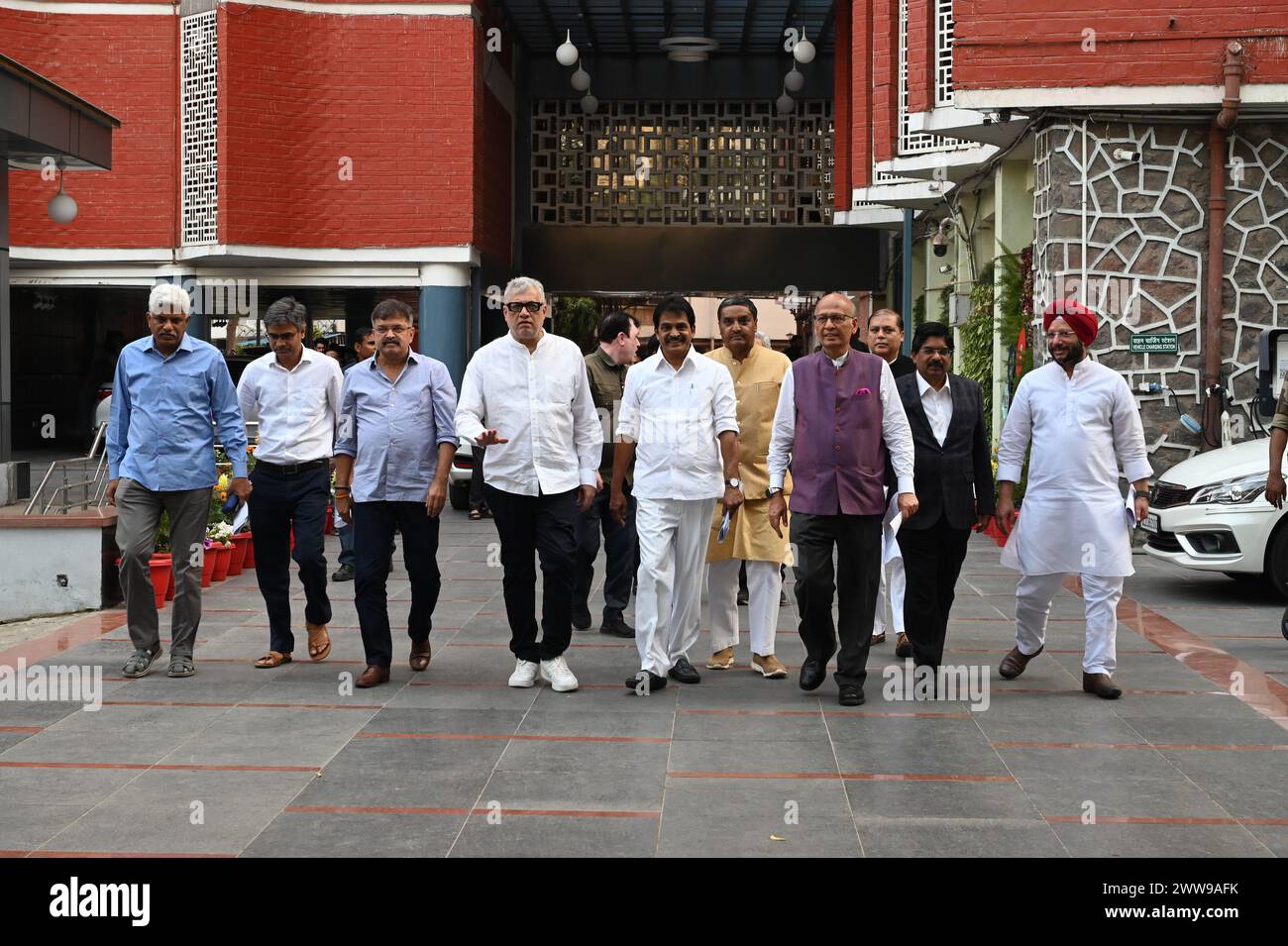 NEW DELHI, INDIA - MARCH 22: Congress Leader KC Venugopal, Dr Abhishek Manu Singhvi, TMC Derek O Brian, Mohd Nadimul Haque, CPI M Leader Sitaram Yechury AAP Leader Sandeep Pathak, Pankaj Gupta NCP SP Jitendra Awhad, DMK Leader P Wilson SP Javed Ali a multi party delegation leave after meet the Election Commission of India at Nirvachan Sadan on March 22, 2024 in New Delhi, India. Credit: Sipa USA/Alamy Live News Stock Photo