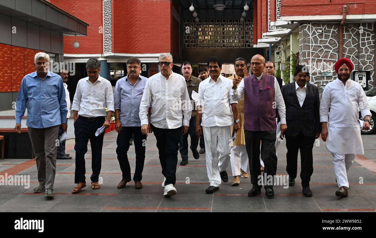 NEW DELHI, INDIA - MARCH 22: Congress Leader KC Venugopal, Dr Abhishek Manu Singhvi, TMC Derek O Brian, Mohd Nadimul Haque, CPI M Leader Sitaram Yechury AAP Leader Sandeep Pathak, Pankaj Gupta NCP SP Jitendra Awhad, DMK Leader P Wilson SP Javed Ali a multi party delegation leave after meet the Election Commission of India at Nirvachan Sadan on March 22, 2024 in New Delhi, India. Credit: Sipa USA/Alamy Live News Stock Photo