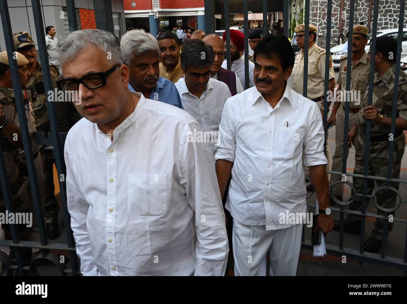 NEW DELHI, INDIA - MARCH 22: Congress Leader KC Venugopal, Dr Abhishek Manu Singhvi, TMC Derek O Brian, Mohd Nadimul Haque, CPI M Leader Sitaram Yechury AAP Leader Sandeep Pathak, Pankaj Gupta NCP SP Jitendra Awhad, DMK Leader P Wilson SP Javed Ali talking with media persons after a multi party delegation leave after meet the Election Commission of India at Nirvachan Sadan on March 22, 2024 in New Delhi, India. Credit: Sipa USA/Alamy Live News Stock Photo