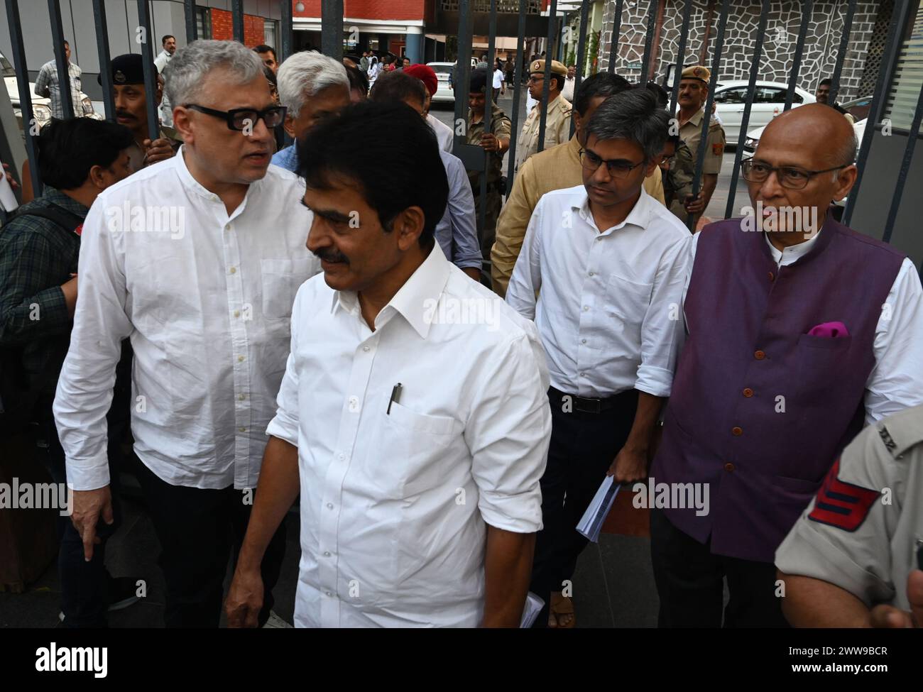 NEW DELHI, INDIA - MARCH 22: Congress Leader KC Venugopal, Dr Abhishek Manu Singhvi, TMC Derek O Brian, Mohd Nadimul Haque, CPI M Leader Sitaram Yechury AAP Leader Sandeep Pathak, Pankaj Gupta NCP SP Jitendra Awhad, DMK Leader P Wilson SP Javed Ali talking with media persons after a multi party delegation leave after meet the Election Commission of India at Nirvachan Sadan on March 22, 2024 in New Delhi, India. Credit: Sipa USA/Alamy Live News Stock Photo