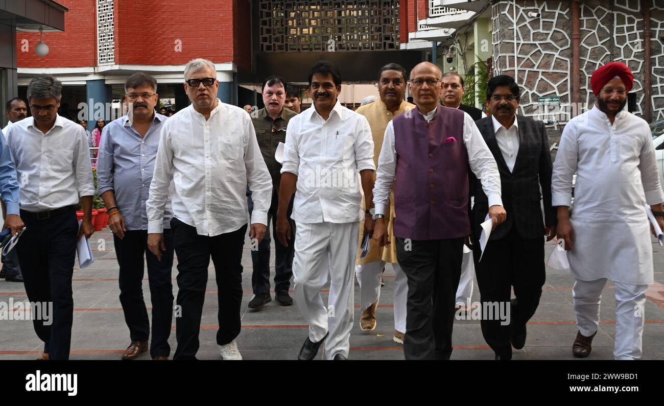 NEW DELHI, INDIA - MARCH 22: Congress Leader KC Venugopal, Dr Abhishek Manu Singhvi, TMC Derek O Brian, Mohd Nadimul Haque, CPI M Leader Sitaram Yechury AAP Leader Sandeep Pathak, Pankaj Gupta NCP SP Jitendra Awhad, DMK Leader P Wilson SP Javed Ali a multi party delegation leave after meet the Election Commission of India at Nirvachan Sadan on March 22, 2024 in New Delhi, India. Credit: Sipa USA/Alamy Live News Stock Photo