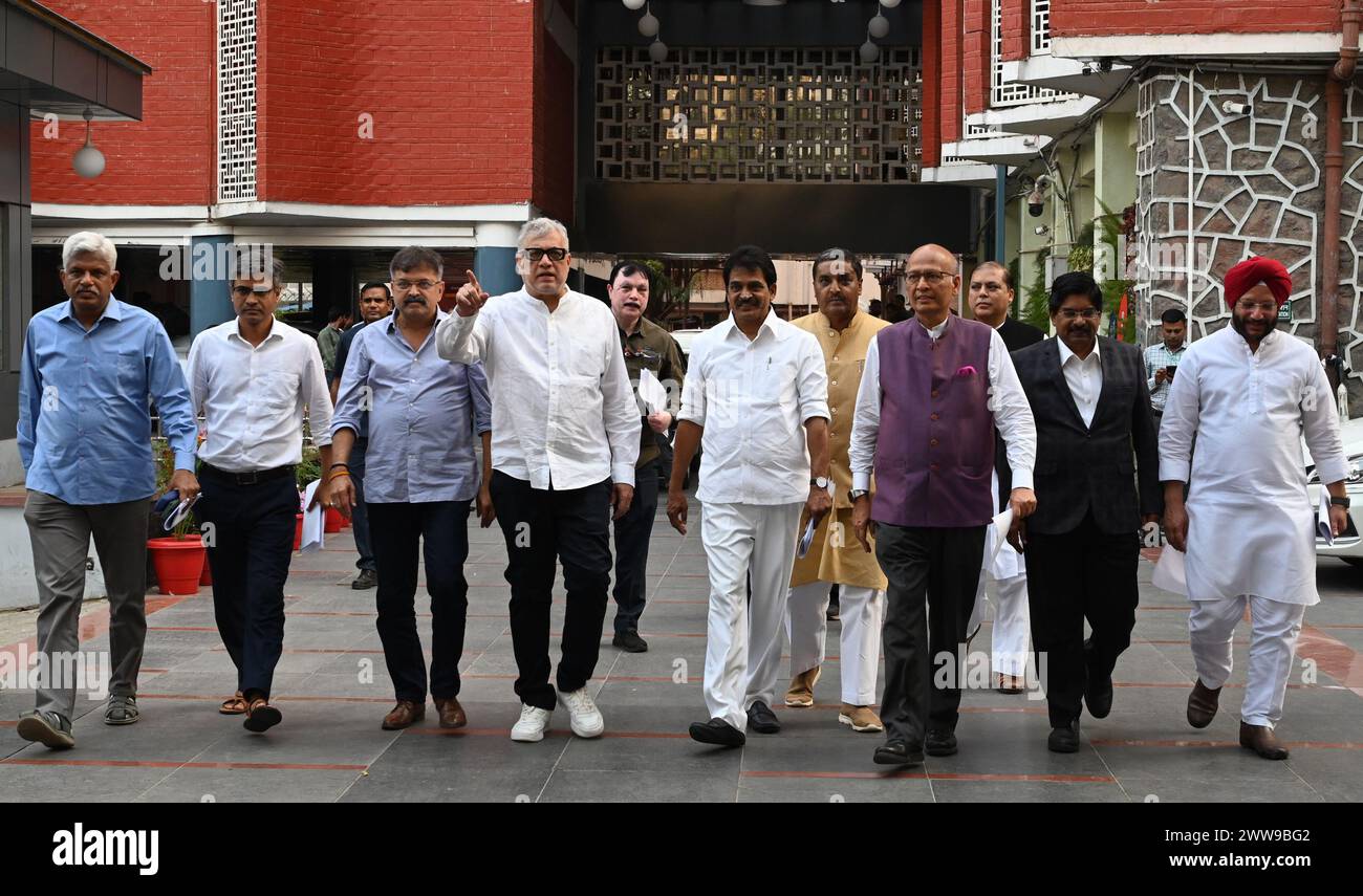 NEW DELHI, INDIA - MARCH 22: Congress Leader KC Venugopal, Dr Abhishek Manu Singhvi, TMC Derek O Brian, Mohd Nadimul Haque, CPI M Leader Sitaram Yechury AAP Leader Sandeep Pathak, Pankaj Gupta NCP SP Jitendra Awhad, DMK Leader P Wilson SP Javed Ali a multi party delegation leave after meet the Election Commission of India at Nirvachan Sadan on March 22, 2024 in New Delhi, India. Credit: Sipa USA/Alamy Live News Stock Photo