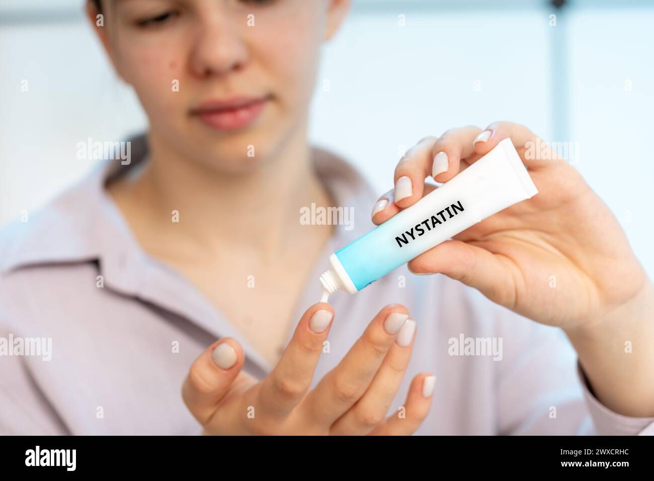 Nystatin medical cream, conceptual image. A combination cream used to treat fungal skin infections with inflammation, such as candidiasis and diaper rash. Stock Photo