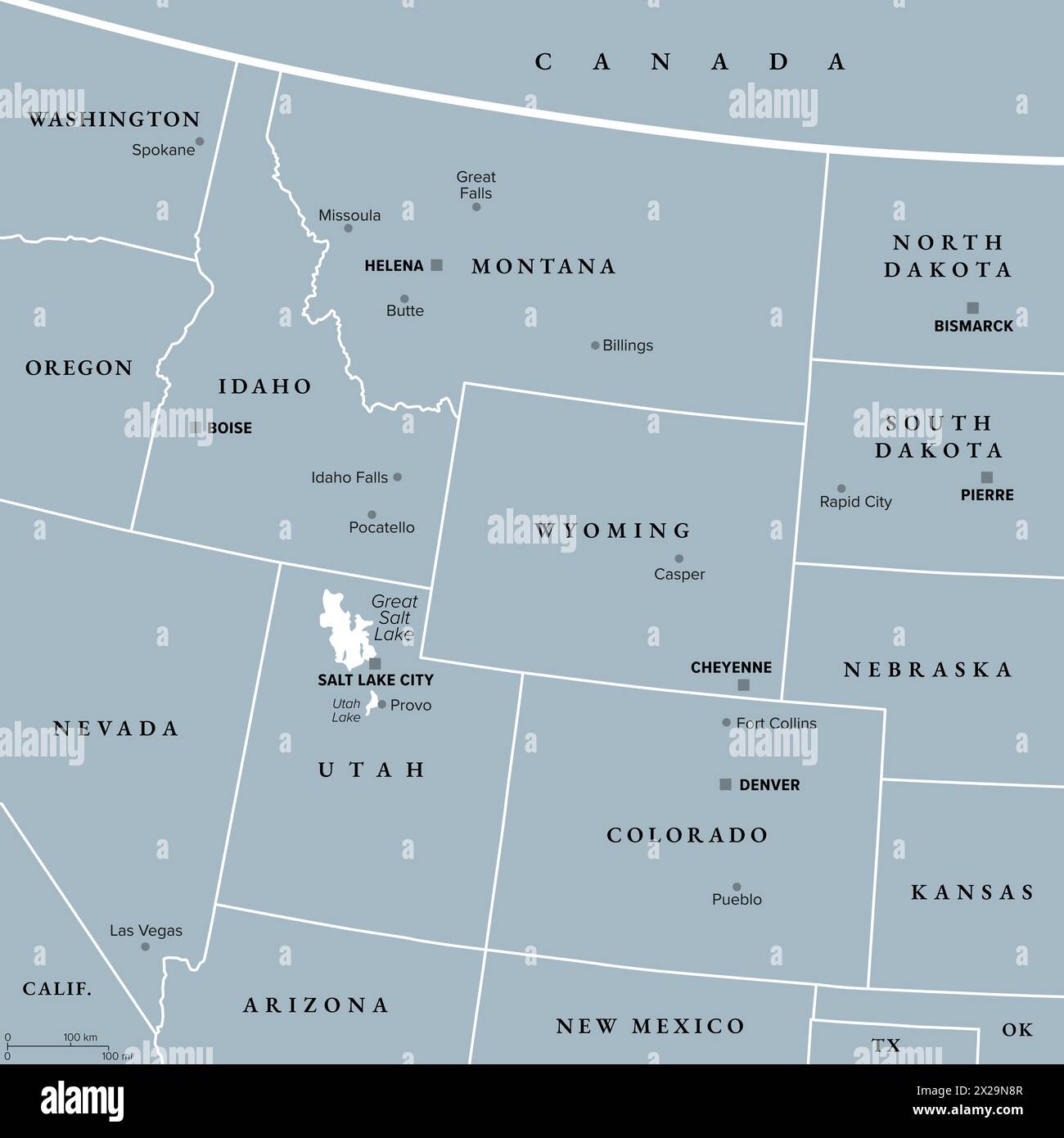 Rocky Mountain region of the United States, gray political map. Rocky Mountains, Rockies for short, divide western United States from the Great Plains. Stock Photo