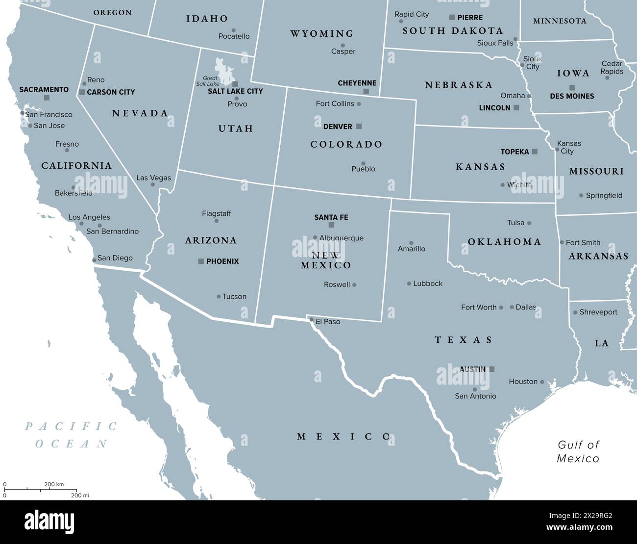 Southwest region of the United States, gray political map. States of American Southwest, simply Southwest. Geographical and cultural region. Stock Photo