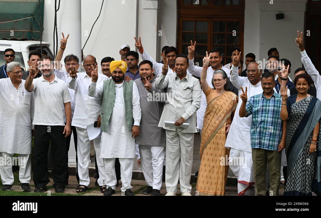 New Delhi, India - June 1, 2024: Congress President Mallikarjun Kharge, the party leaders Sonia Gandhi and Rahul Gandhi, Delhi Chief Minister and AAP chief Arvind Kejriwal, Punjab Chief Minister Bhagwant Mann, JMM leader Kalpana Soren, NCP President Sharad Pawar, DMK leader TR Baalu, RJD leader Tejashwi Yadav, CPI(M) Sitaram Yechury and others after INDIA bloc leaders' meeting at Kharge's residence, on June 1, 2024 in New Delhi, India. The INDIA bloc meeting in Delhi to discuss the future course of action after the results of the Lok Sabha polls are announced on June 4. (Photo by Arvind Yadav/ Stock Photo