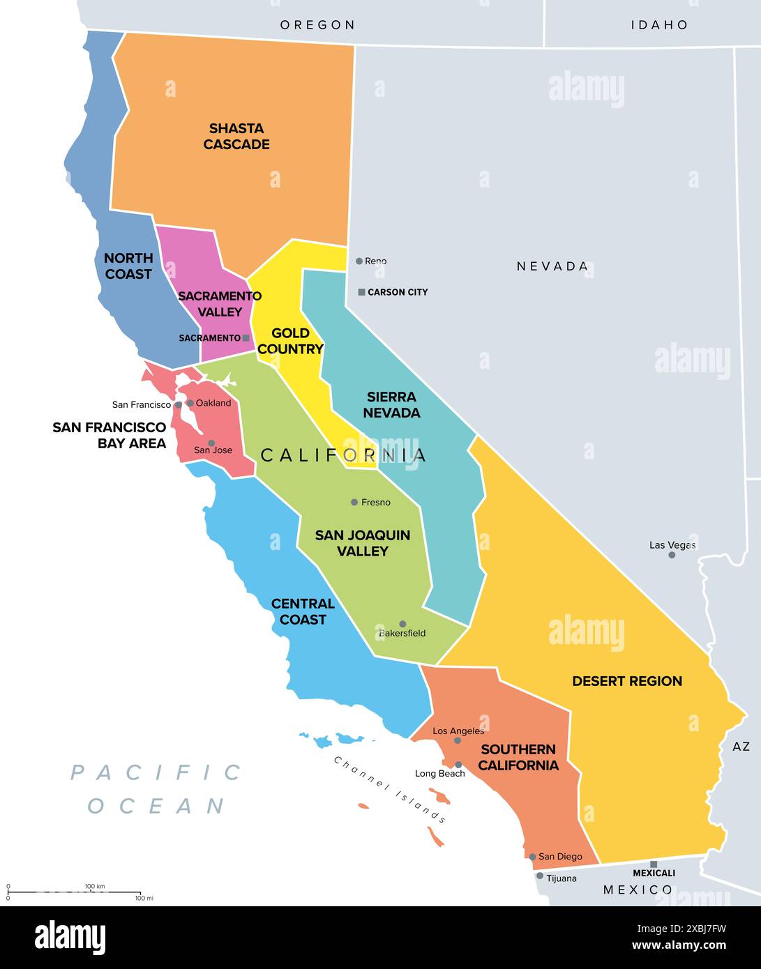 California, major regions, political map. State in the Western United States with capital Sacramento, lying on the Pacific Coast. Stock Photo