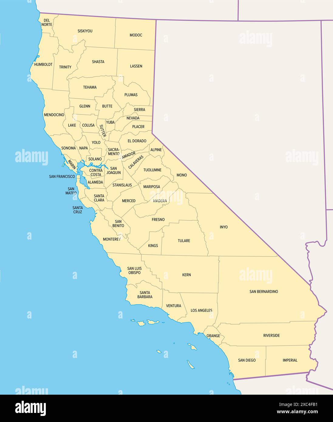 State of California counties, political map. U.S. state of California, subdivided into 58 counties. Stock Photo