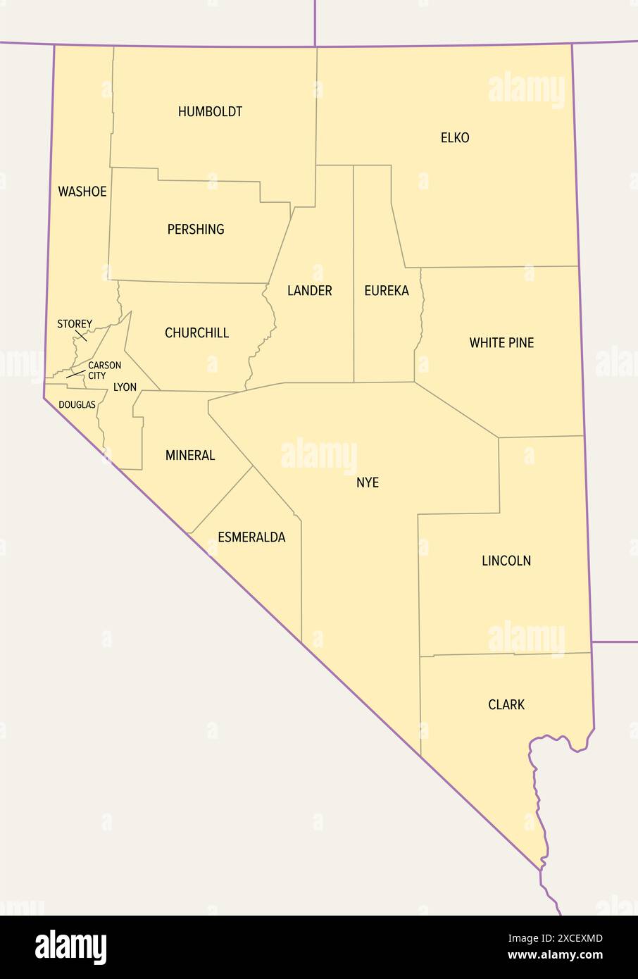 Nevada state counties, political map. Landlocked state in the Western region of United States, subdivided into 16 counties and 1 independent city. Stock Photo