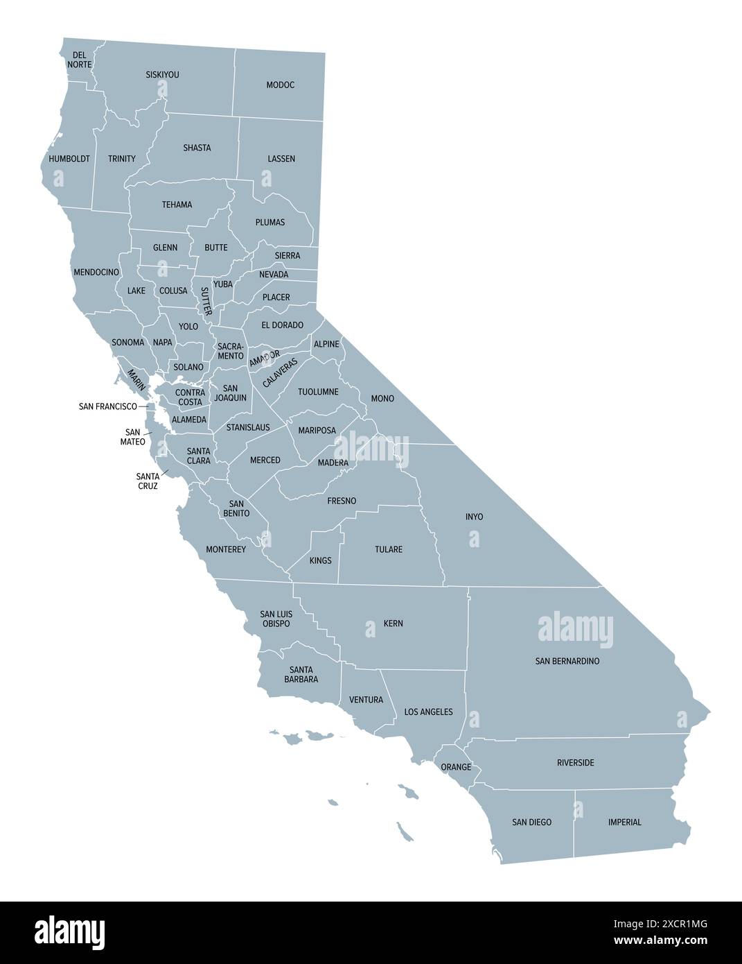 California state counties, gray political map. U.S. state of California subdivided into 58 counties. Stock Photo