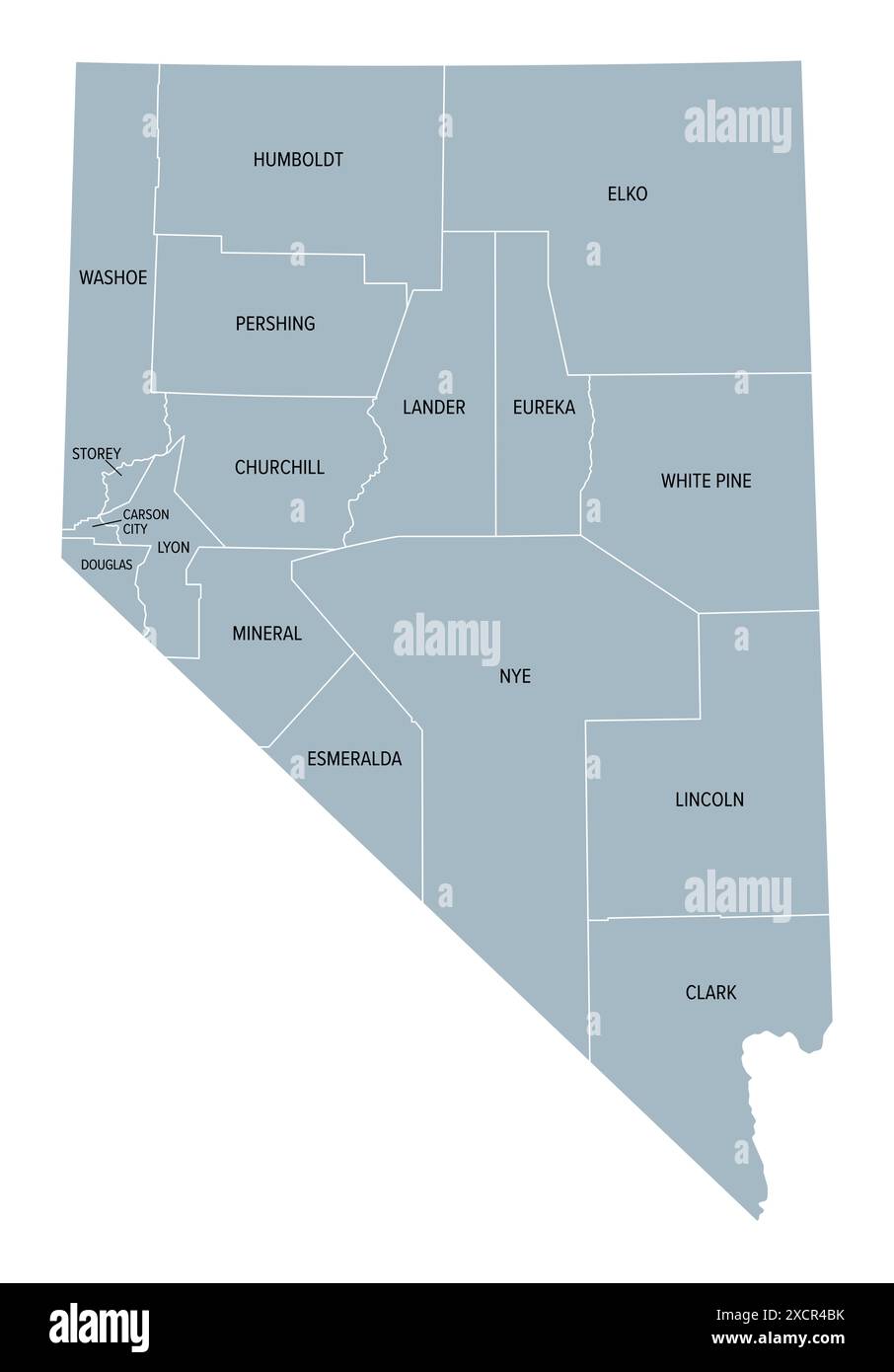 Nevada state counties, gray political map. Landlocked state in the Western region of the United States. Stock Photo