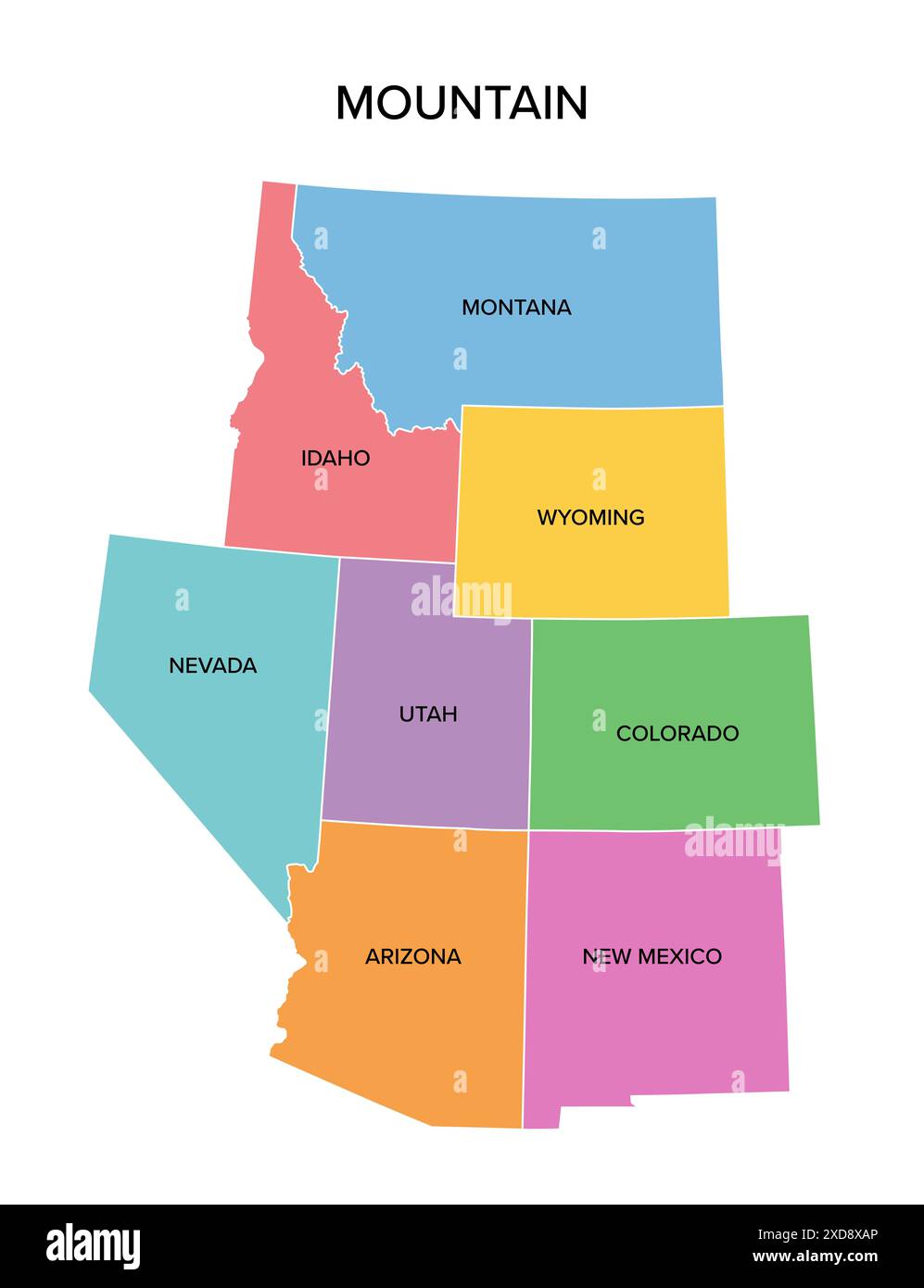 Mountain states, multi colored political map. United States Census division of the West region. Stock Photo