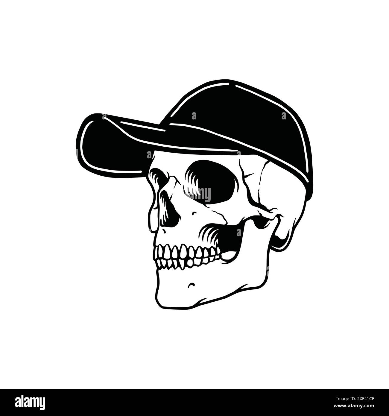 Skull in baseball cap illustration. skull wearing hat vector. Isolated on white background. Stock Vector