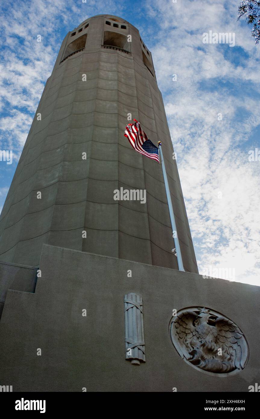 The simple fluted Coit Tower in San Francisco, CA is named for Lillie Hitchcock Coit, a wealthy eccentric and patron of the city’s firefighters. Coit Stock Photo