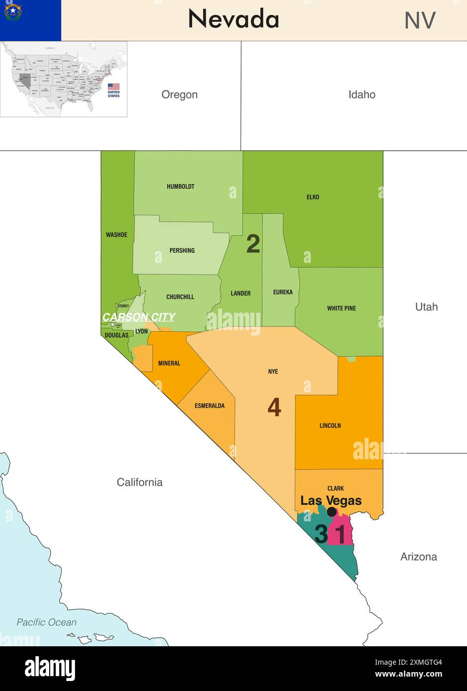 Nevada state map with counties borders and colored congressional districts boundaries due to The 2020 United States census and which is valid since 20 Stock Vector