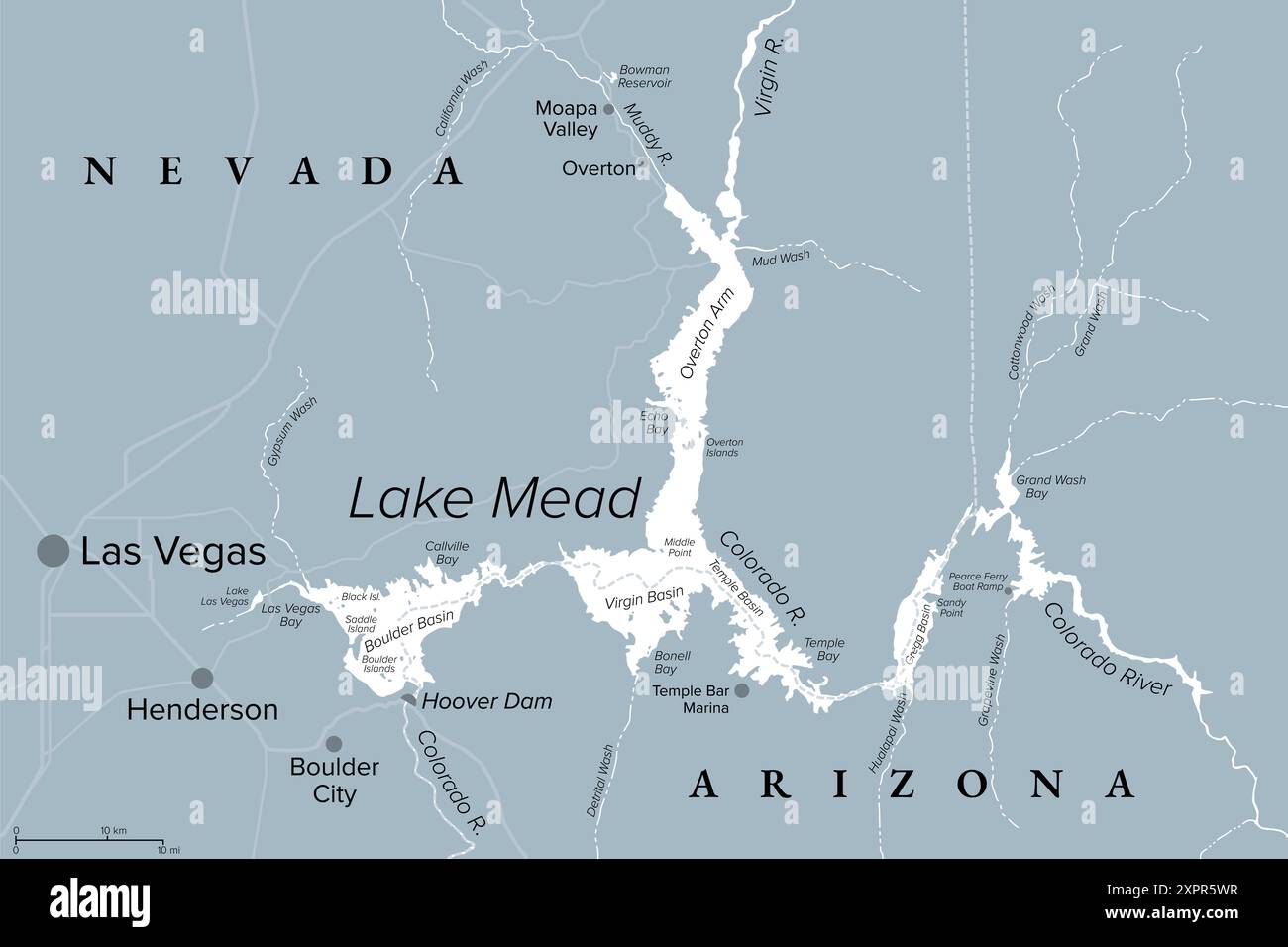 Lake Mead, largest reservoir in the United States, gray political map. Formed by the Hoover Dam on Colorado River in Southwestern USA. Stock Photo