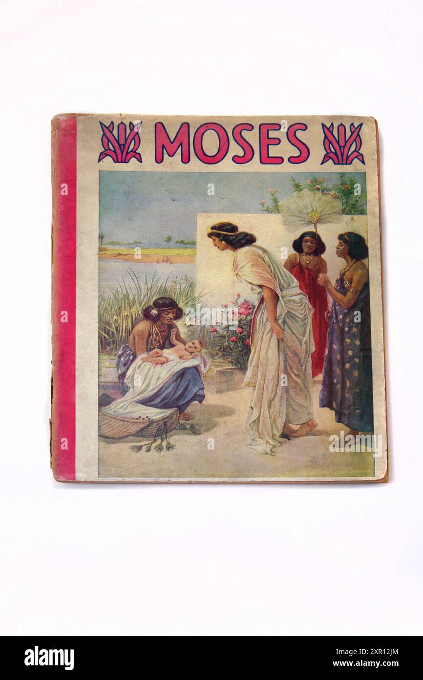 Front Cover of Antique Book Moses Bible Stories Retold by Catharine Shaw with  Illustration of of the Finding of Moses by the Pharaoh's Daughter Stock Photo