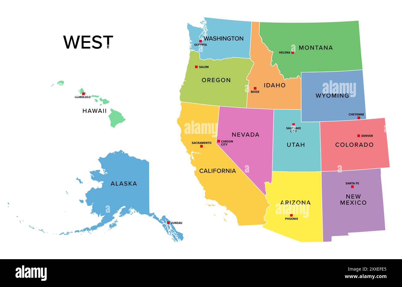 West, U.S. census region, multi colored political map. Census region 4 of the United States, consisting of 13 single states. Colored silhouettes. Stock Photo