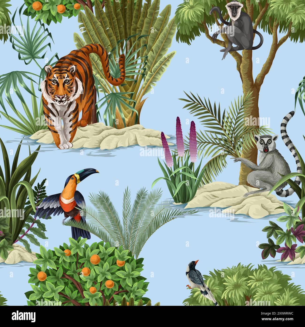 Seamless kids pattern with jungle trees and animals. Vector. Stock Vector