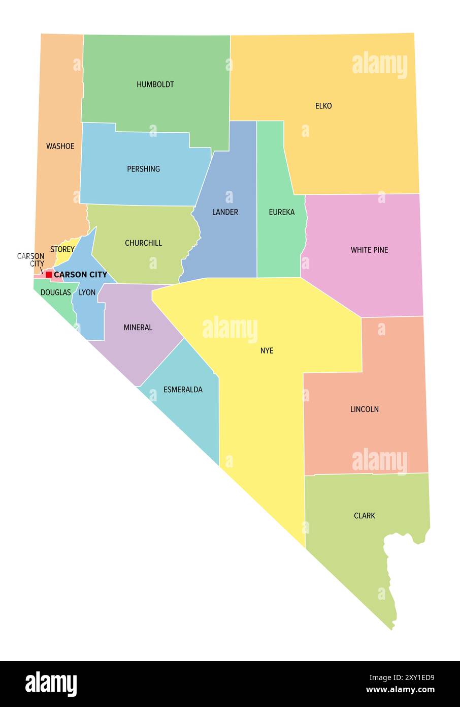 Nevada, U.S. state, colored political map with borders and counties. State in the Western region of USA, subdivided into 16 counties and Carson City. Stock Photo