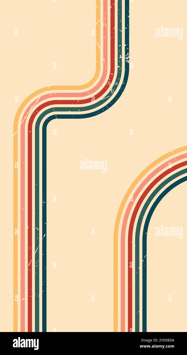 Abstract background of rainbow groovy Wavy Line design in 1970s Hippie Vintage Retro style. Old Vintage Retro background, Vector pattern Stock Vector