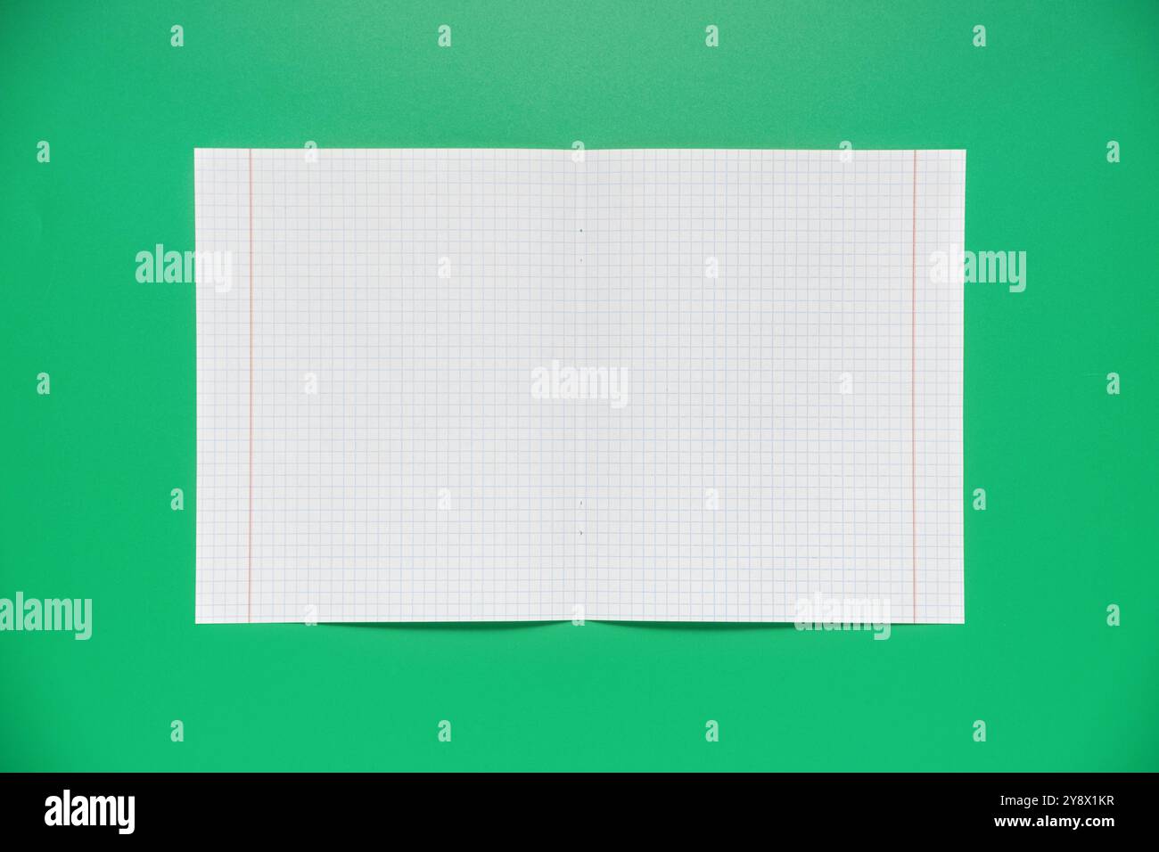 White sheet of notebook paper on a green background Stock Photo