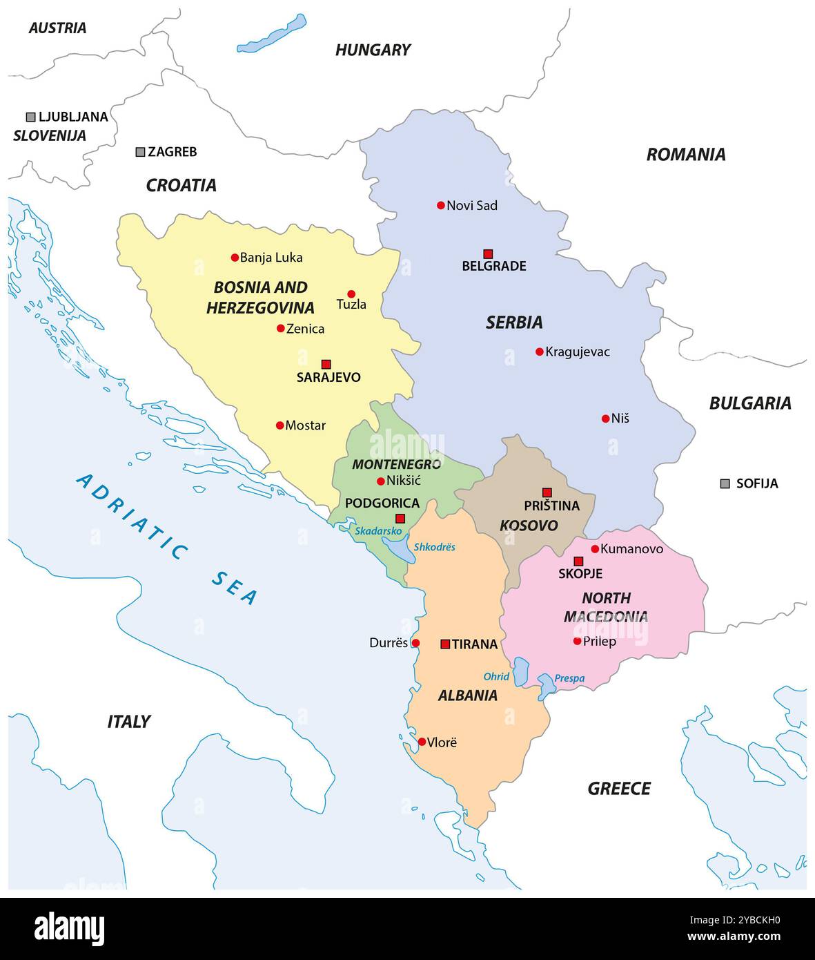 Map of the Western Balkan states Stock Photo