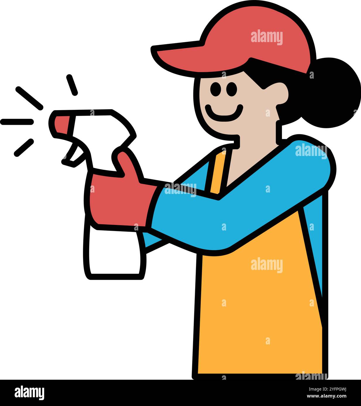 A woman is holding a spray bottle and wearing a red cap. She is smiling and she is happy Stock Vector