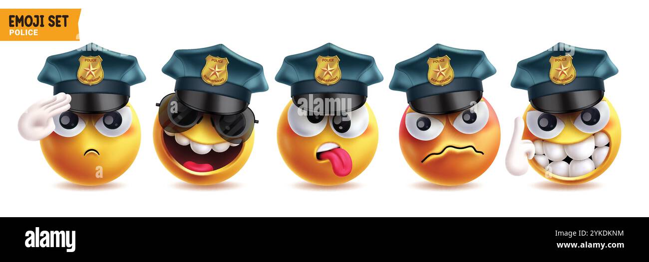 Police profession emoji vector characters set. Emojis police officer wearing cap elements with facial expressions like salute, laughing, tired, angry Stock Vector